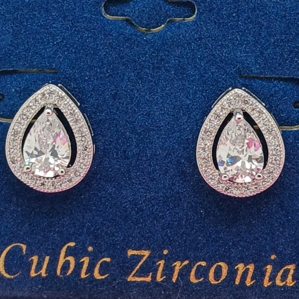 Vintage 90s Cubic Zirconia Pear Halo Stud Earrings Silver Tone Rare New on Card